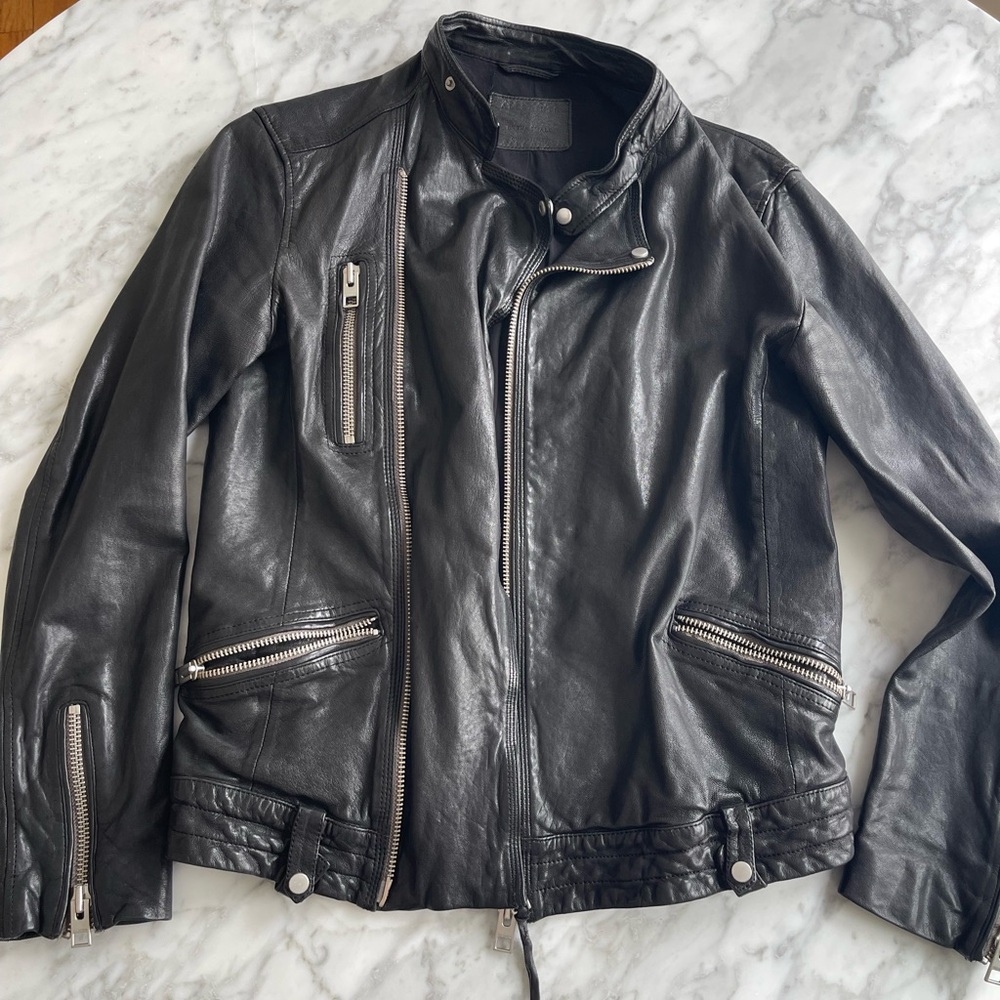 All Saints Black Leather Biker Jacket, size XS